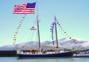 The Freda B hoisted her colors at the Master Mariners Wooden Boat Show. 